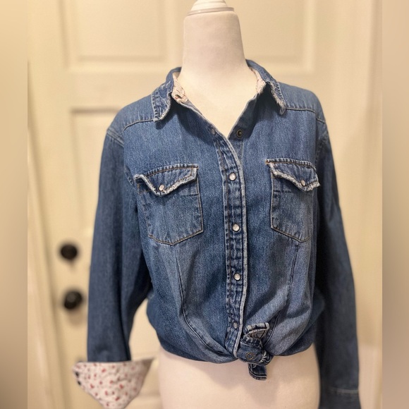 EUC Retro Duckhead Denim Distressed Med Wash Button Down Shirt Sz PL - Picture 1 of 6